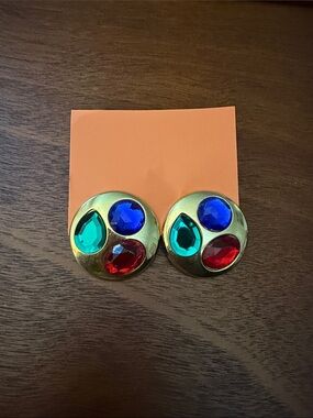 Gold Tone Clip Earrings with Blue, Green & Red Gemstones
